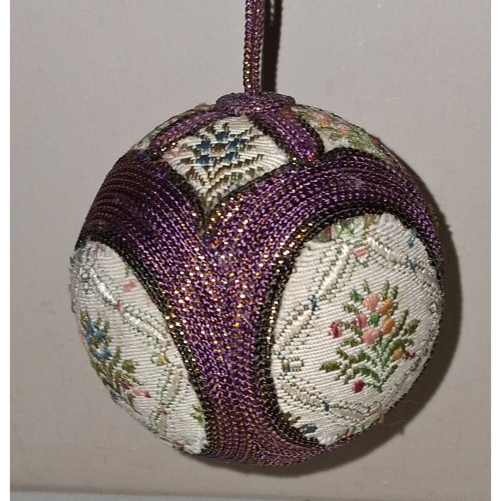 Vintage Japanese Kimekomi Temari Ball Ornament Purple Gold Floral 3.25